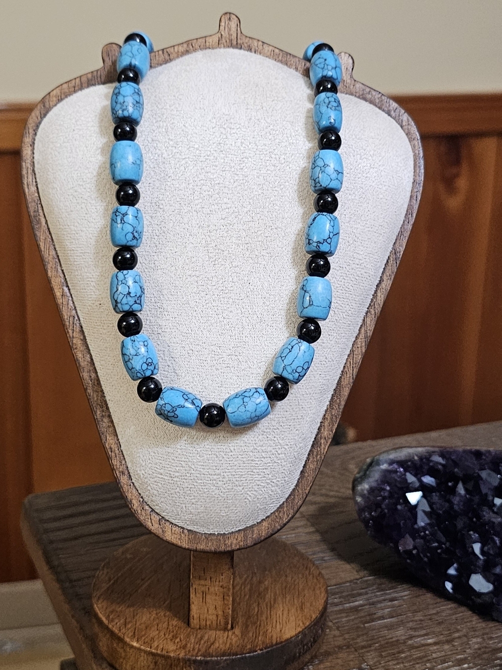 Turquoise Barrel & Black Onyx 25" Statement Necklace